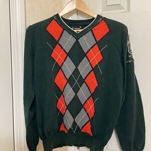 Forcast V-Neck Sweater with Green, Red, and Gray Argyle